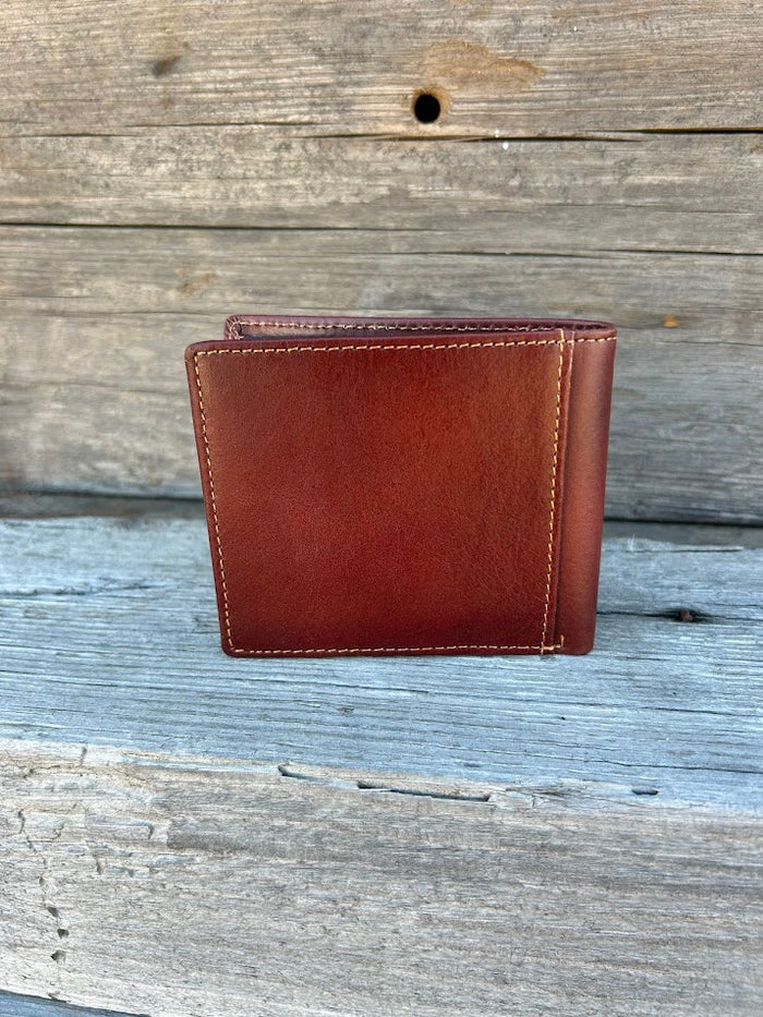 Embossed Praying Cowboy design brown leather bifold wallet. Rear view showing additional card slot.