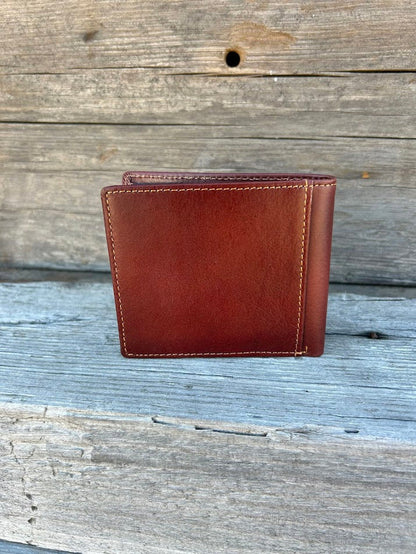 Embossed Praying Cowboy design brown leather bifold wallet. Rear view showing additional card slot.