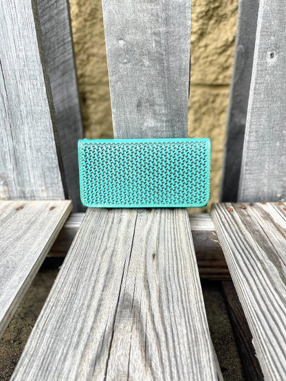 Turquoise Basketweave leather phone case wallet with wristlet strap. Front View