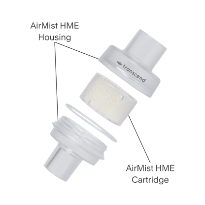 Breakdown shot of transcend airmist hme showing hard plastic shell housing and replaceable cartridge.