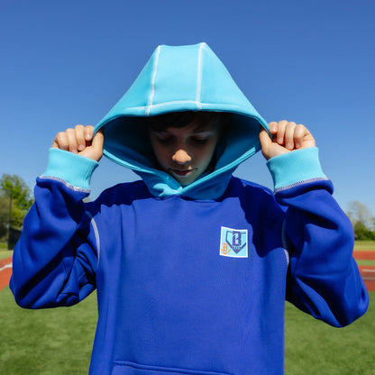 Youth model wearing navy youth hoodie with "Trash Talk Youth" design