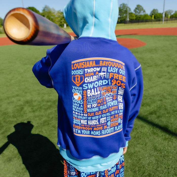 Youth model wearing navy youth hoodie with "Trash Talk Youth" design