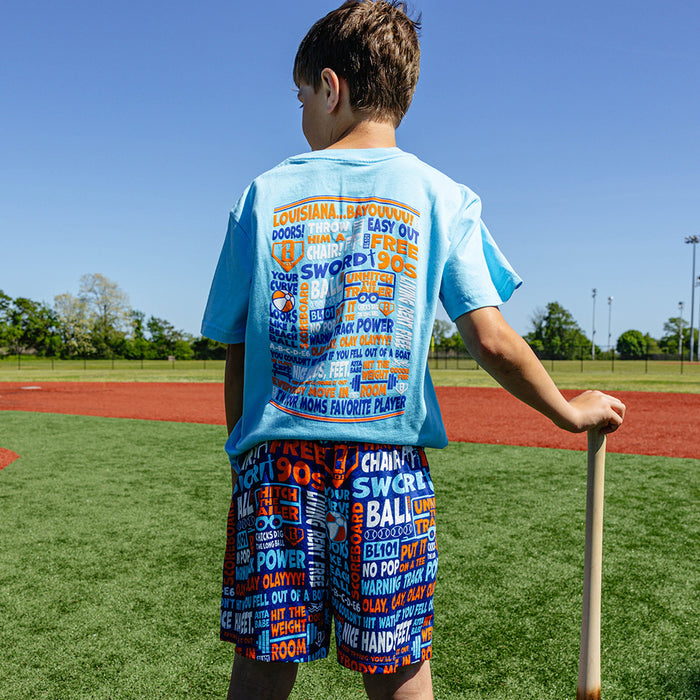 Youth model wearing navy youth shorts with "Trash Talk Youth" design