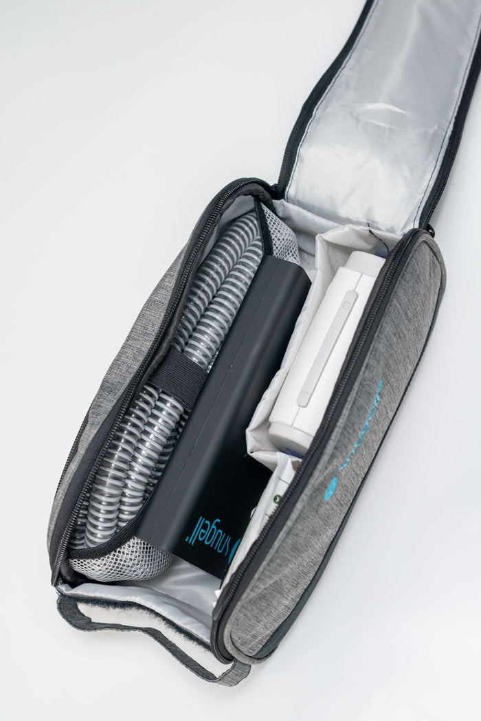 Snugell Bolso CPAP Travel bag packed with everything needed for CPAP therapy while travelling