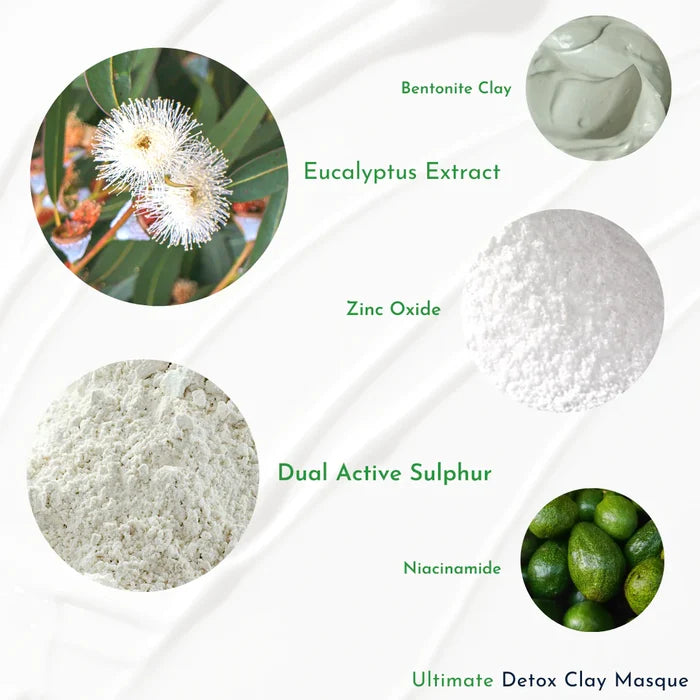 A therapeutic blend of medicinal clays deep cleans the skin while absorbing impurities and pore clogging oil. Clinical grade Sulphur kills acne causing bacteria deep within the follicle.