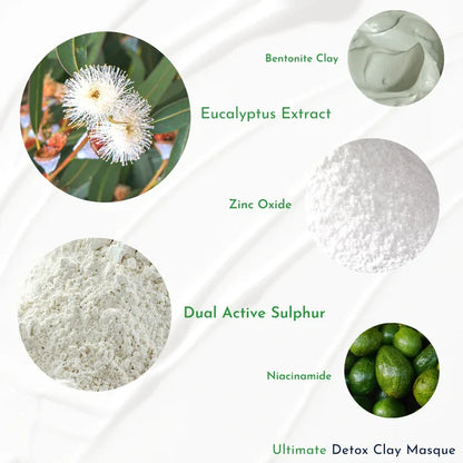 A therapeutic blend of medicinal clays deep cleans the skin while absorbing impurities and pore clogging oil. Clinical grade Sulphur kills acne causing bacteria deep within the follicle.