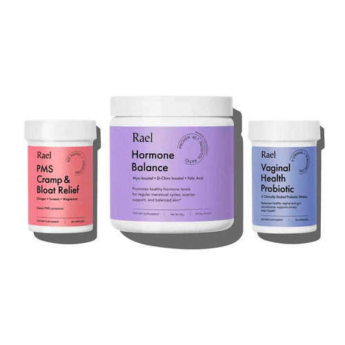 Three supplement jars labeled PMS Cramp & Bloat Relief, Hormone Balance, and Vaginal Health Probiotic by Rael.