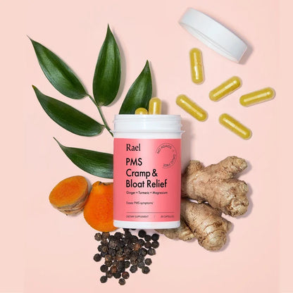 Flat lay image of Rael's PMS Cramp & Bloat Relief supplement with featured key ingredients styled around the bottle, with capsules on a peach background.