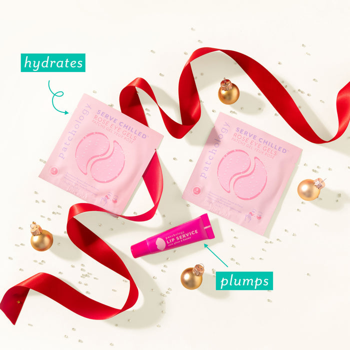 Pink lip balm packaging with red ribbons and gold ornaments on a white background text highlights the benefits. Hydrates under eye gels and Lip Service smooths and plumps