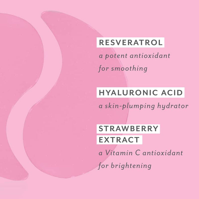 Pink eye gel patches beside key ingredients: resveratrol, a smoothing antioxidant; hyaluronic acid, a plumping hydrator; strawberry extract, a brightening vitamin C antioxidant