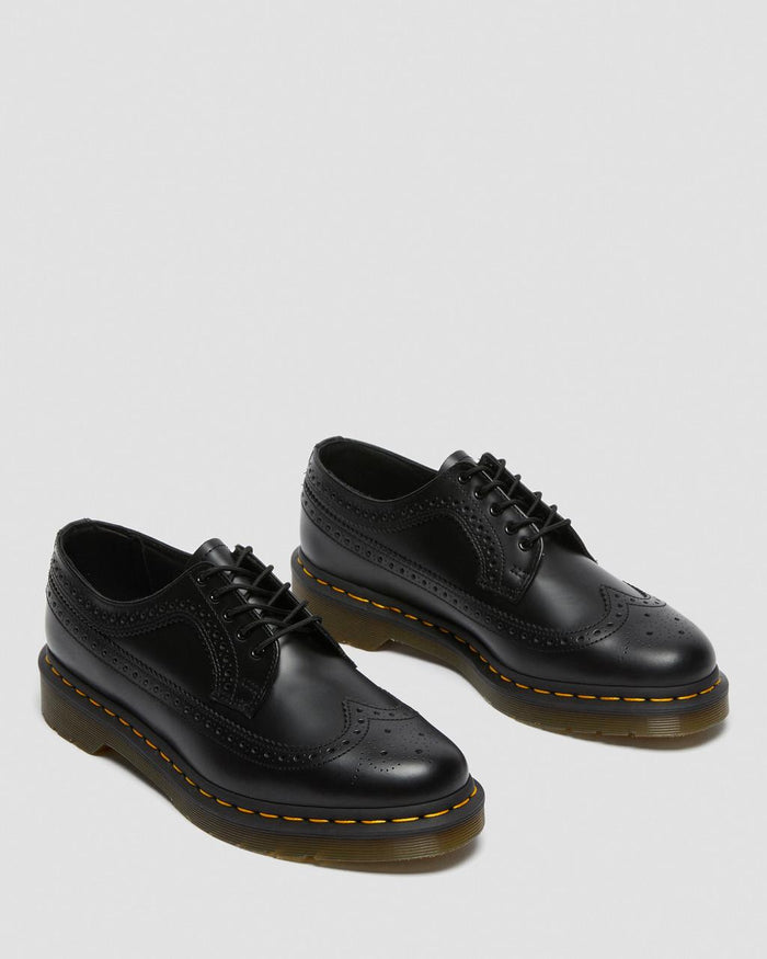 Unisex 3989 Yellow Stitch Smooth Leather Brogue Shoes Black Smooth