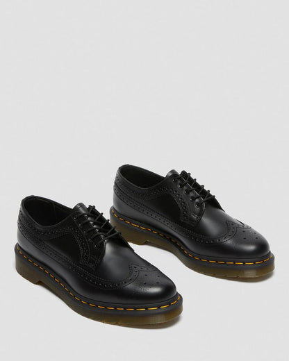 Unisex 3989 Yellow Stitch Smooth Leather Brogue Shoes Black Smooth