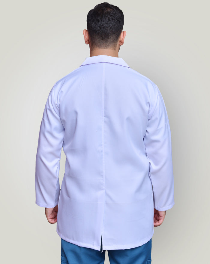 man shows the back sight of lab coat