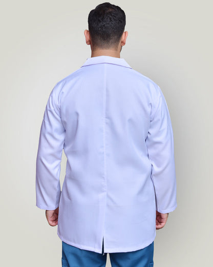 man shows the back sight of lab coat