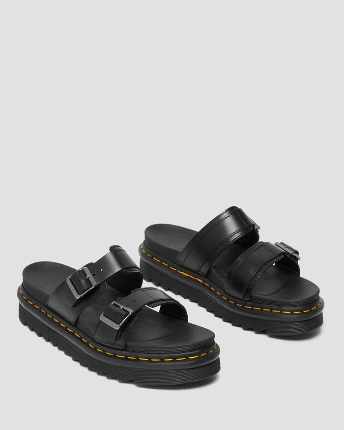 Unisex Myles Brando Leather Buckle Slide Sandals Black