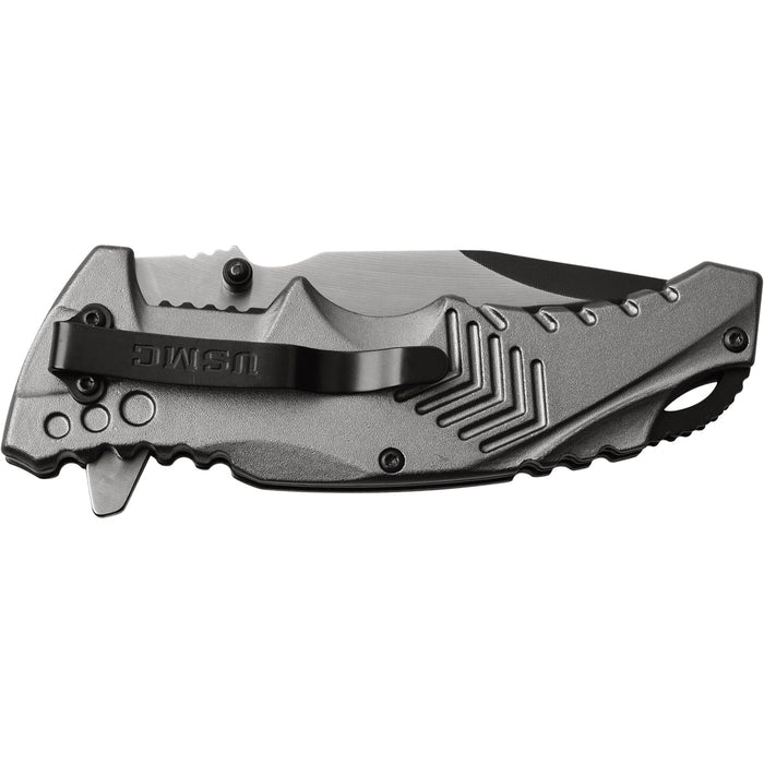 This Grey knife features a USMC logo. Shown closed featuring pocket clip.