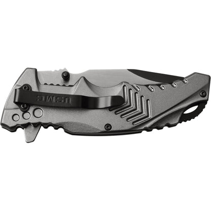 This Grey knife features a USMC logo. Shown closed featuring pocket clip.