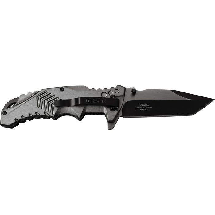 This Grey knife features a USMC logo. Shown open.