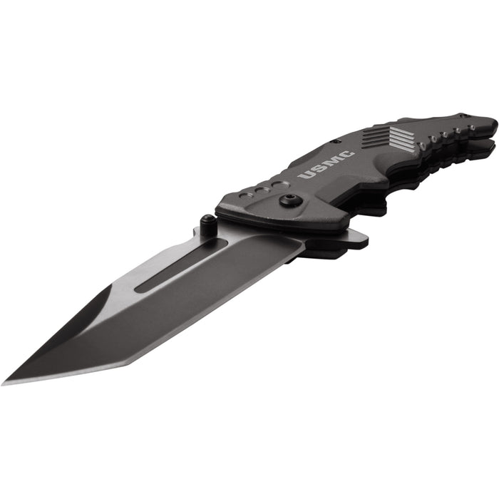 This Grey knife features a USMC logo. Shown open