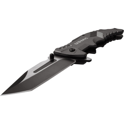 This Grey knife features a USMC logo. Shown open
