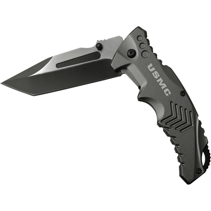 This Grey knife features a USMC logo. Shown opening