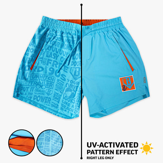 Blue shorts with "UVChangeup Trash Talk" design - front view