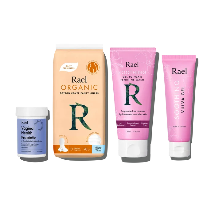 The image displays a collection of products from the Vaginal Wellness Bundle. There are packages of Rael Organic Cotton Cover Panty Liners, Rael Soothing Gel-to-Foam Feminine Wash, Rael Vulva Relief Gel, and Rael Vaginal Health Probiotic.