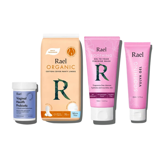 The image displays a collection of products from the Vaginal Wellness Bundle. There are packages of Rael Organic Cotton Cover Panty Liners, Rael Soothing Gel-to-Foam Feminine Wash, Rael Vulva Relief Gel, and Rael Vaginal Health Probiotic.