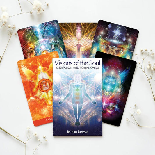 Set of 'Visions of the Soul' meditation and portal cards by Kim Dreyer on a white background with decorative elements.