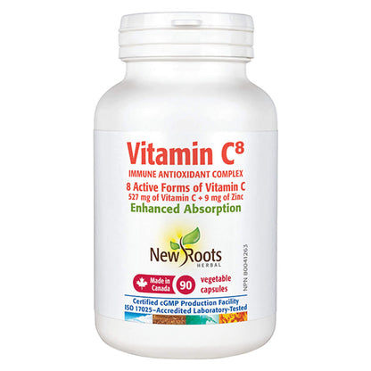 Bottle of New Roots Vitamin C⁸ Immune 90 Vegetable Capsules