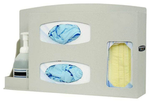 Wall Mounted Protective Dispenser: 1 box face covers, 2 Boxes of Gloves, Hand Sanitizer - Crowd Control Warehouse
