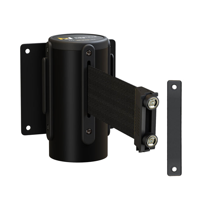 Wall Mounted Retractable Belt Barrier Fixed, Black Metal Case with Magnetic Belt End, 8.5 ft Belt - Montour Line WM115 - Crowd Control Warehouse