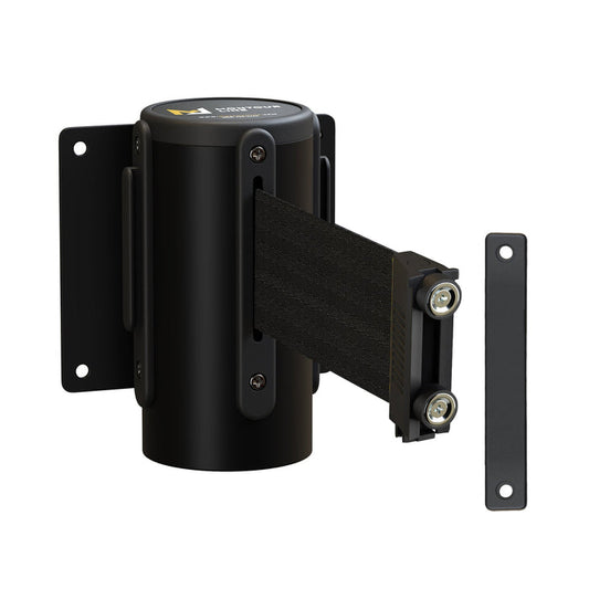 Wall Mounted Retractable Belt Barrier Fixed, Black Metal Case with Magnetic Belt End, 8.5 ft Belt - Montour Line WM115 - Crowd Control Warehouse