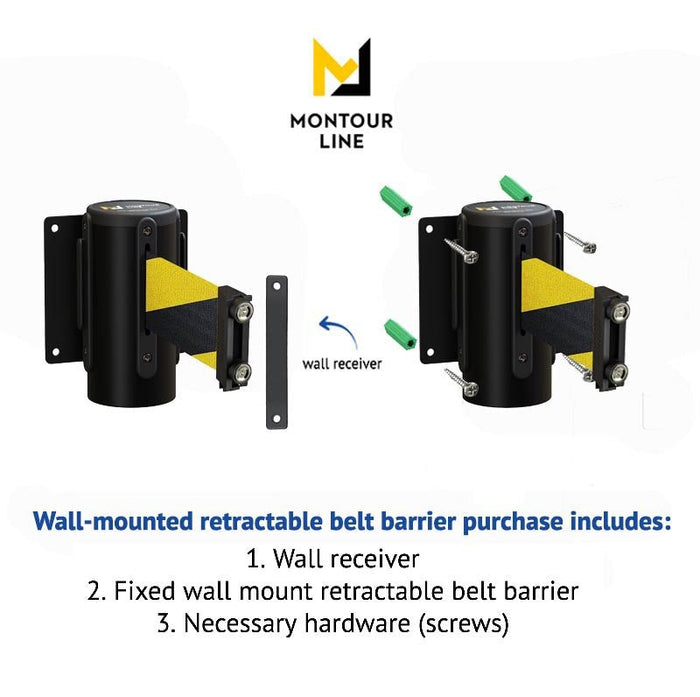 Wall Mounted Retractable Belt Barrier Fixed, Black Metal Case with Magnetic Belt End, 11 ft Belt - Montour Line WM115 - Crowd Control Warehouse