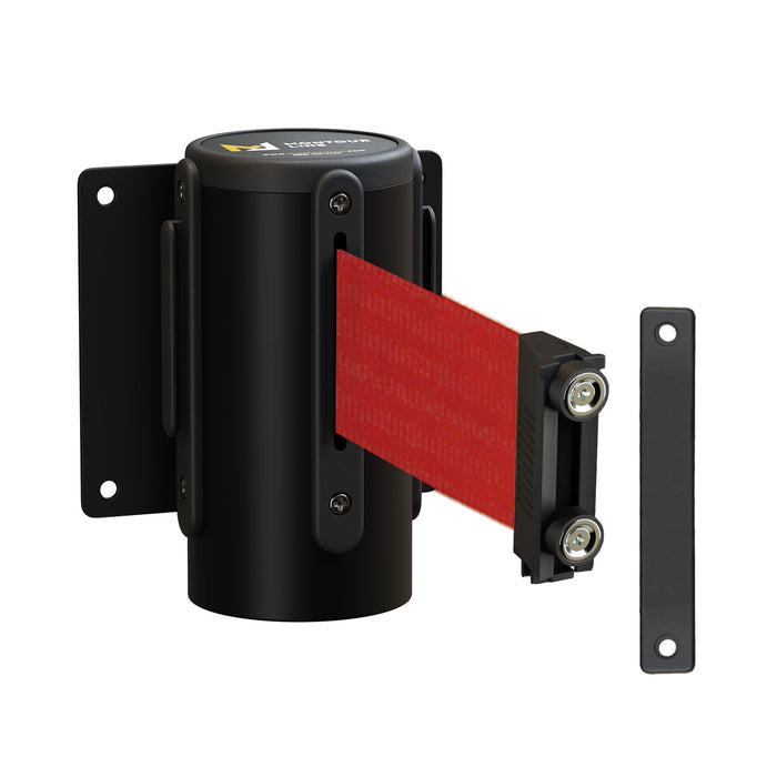 Wall Mounted Retractable Belt Barrier Fixed, Black Metal Case with Magnetic Belt End, 11 ft Belt - Montour Line WM115 - Crowd Control Warehouse