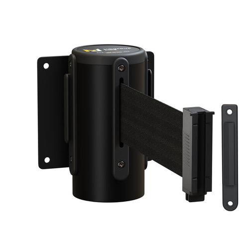 Wall Mounted Retractable Belt Barrier Fixed, Black Metal Case with Standard Belt End, 8.5 ft Belt - Montour Line WM115 - Crowd Control Warehouse