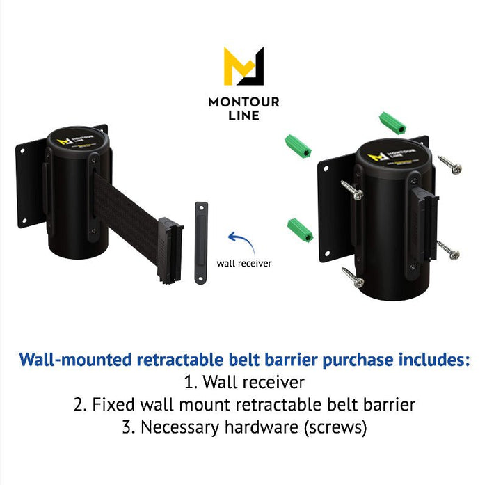 Wall Mounted Retractable Belt Barrier Fixed, Black Metal Case with Standard Belt End, 8.5 ft Belt - Montour Line WM115 - Crowd Control Warehouse