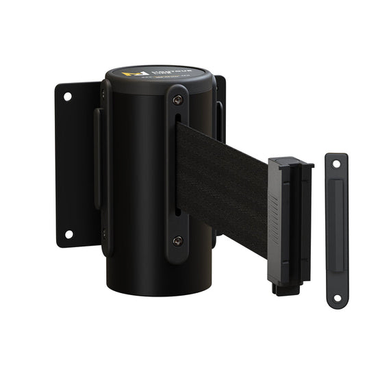 Wall Mounted Retractable Belt Barrier, Fixed Mount, Black Casing with Standard Belt End, 11 ft Belt - Montour Line WM115 - Crowd Control Warehouse