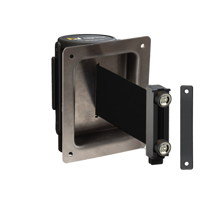 Wall Mounted Retractable Belt Barrier, Recessed Black Metal Case with Magnetic Belt End, 8.5 ft Belt - Montour Line WM115 - Crowd Control Warehouse