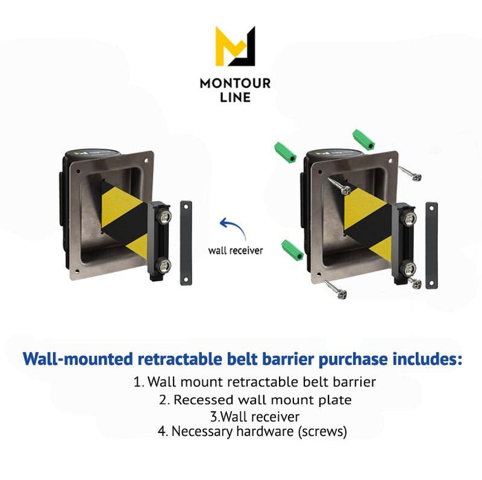 Wall Mounted Retractable Belt Barrier, Recessed Black Metal Case with Magnetic Belt End, 11 ft Belt - Montour Line WM115 - Crowd Control Warehouse