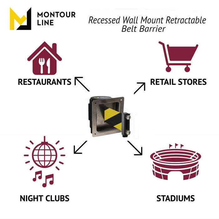 Wall Mounted Retractable Belt Barrier, Recessed Black Metal Case with Magnetic Belt End, 11 ft Belt - Montour Line WM115 - Crowd Control Warehouse