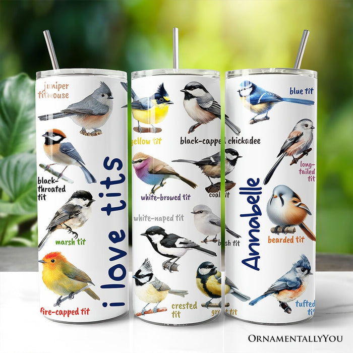 Whimsical Bird Tit 20oz Personalized Tumbler With Lid and Stainless Steel Straw, Funny Birdwatcher Gift Cup Tumbler OrnamentallyYou Customized