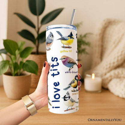 Whimsical Bird Tit 20oz Personalized Tumbler With Lid and Stainless Steel Straw, Funny Birdwatcher Gift Cup Tumbler OrnamentallyYou