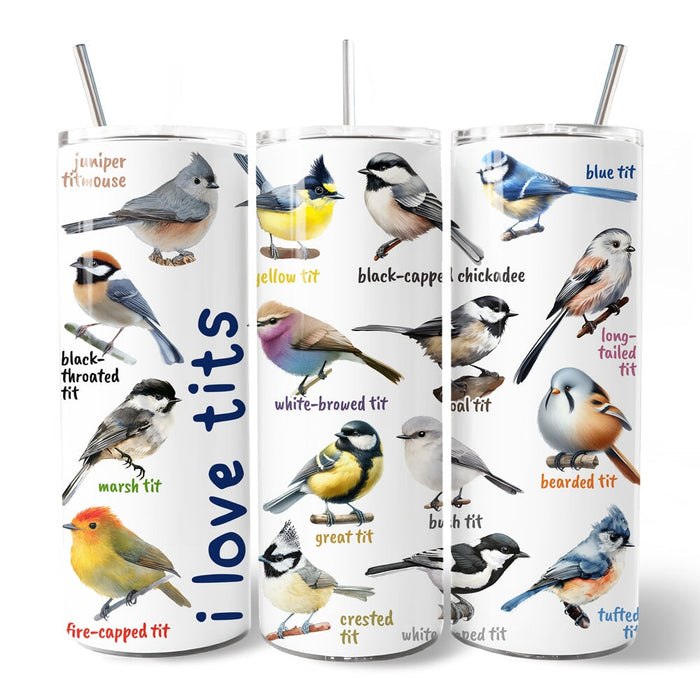 Whimsical Bird Tit 20oz Personalized Tumbler With Lid and Stainless Steel Straw, Funny Birdwatcher Gift Cup Tumbler OrnamentallyYou
