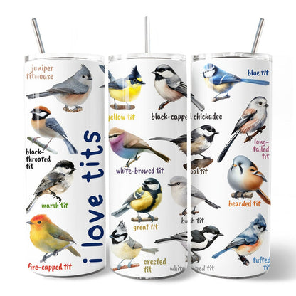 Whimsical Bird Tit 20oz Personalized Tumbler With Lid and Stainless Steel Straw, Funny Birdwatcher Gift Cup Tumbler OrnamentallyYou