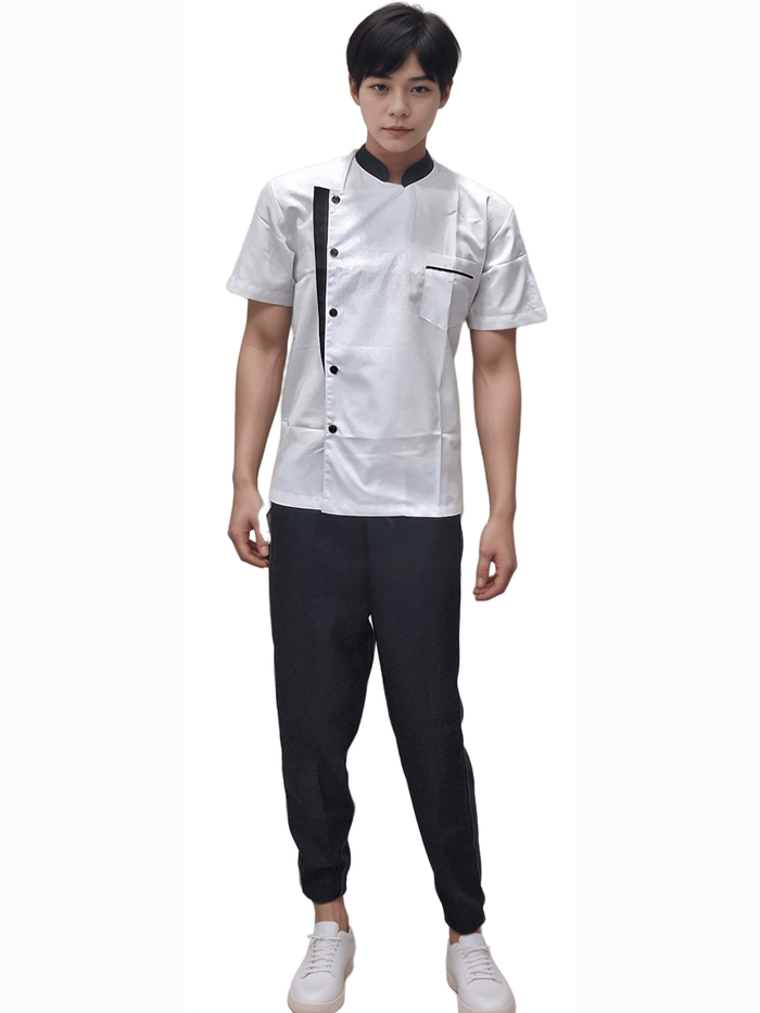 White Chef Coat with Black Collar and Black Piping - Half Sleeve Design - J R GARMENTS
