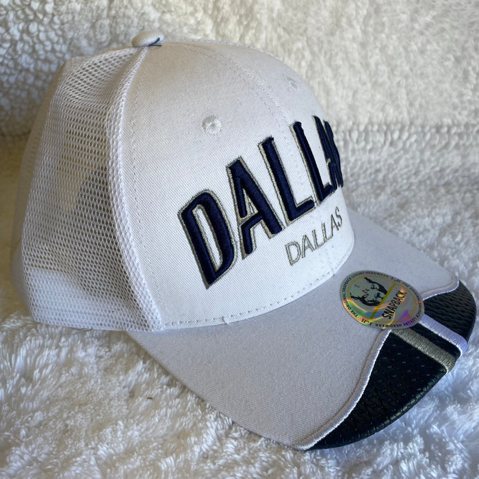 Dallas snapback cap, white and blue. Side View