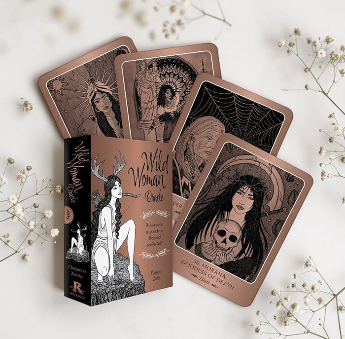 Wild Woman Oracle cards on a light background with decorative elements