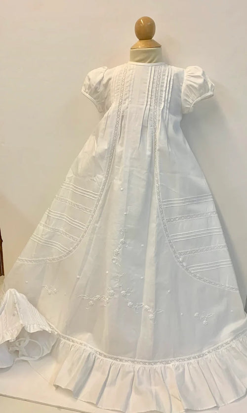 Willbeth Pleated Gown w/ Ruffle Bottom & Bonnet