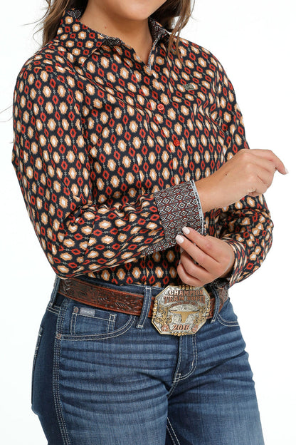 Women's Cinch MSW9165038 Navy Multi-Colored Print Button Down Western Shirt CLOSEOUT